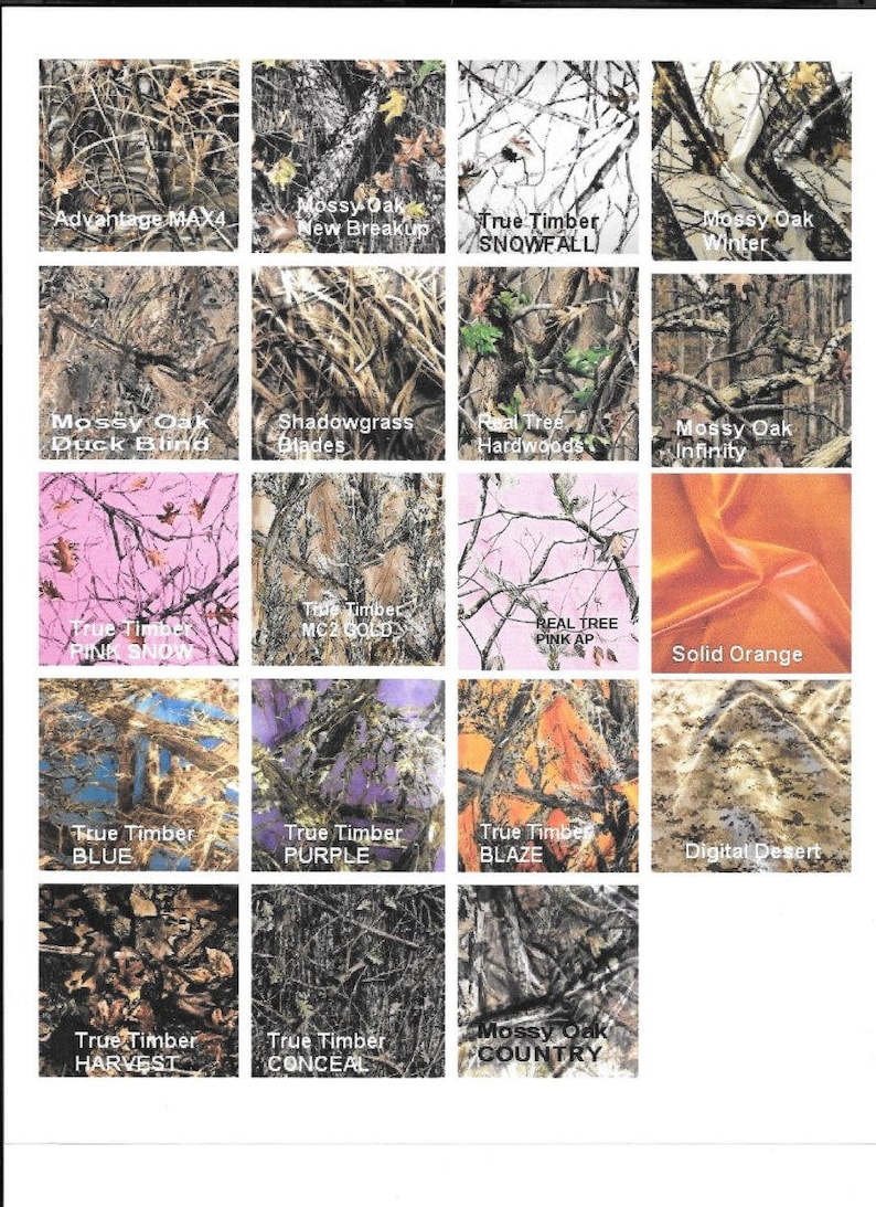 Może przedstawiać: Kolekcja pr&oacute;bek tkanin maskujących o r&oacute;żnych wzorach i kolorach. Pr&oacute;bki obejmują wzory takie jak Advantage MAX4, Mossy Oak, True Timber i Real Tree. Kolory wahają się od zieleni i brąz&oacute;w po r&oacute;ż i pomarańcz.