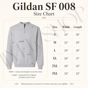 Peut inclure: Un sweat-shirt gris clair à fermeture éclair quart, accompagné d'un tableau des tailles intitulé Gildan SF 008. Le tableau indique les tailles S à 3XL avec les mesures de largeur et de longueur en pouces, mesurées de la poitrine et de l'épaule à l'ourlet.