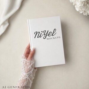 May include: A white hardcover book featuring the dark gray text niYel MOCKUPS printed on the front cover. The book is held by a hand adorned with a white lace sleeve featuring intricate floral patterns and small pearl-like embellishments.
