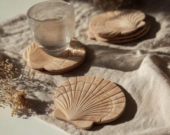 Modern Coastal Shell Wood Coaster for Coffee Table Kitchen Dining Space