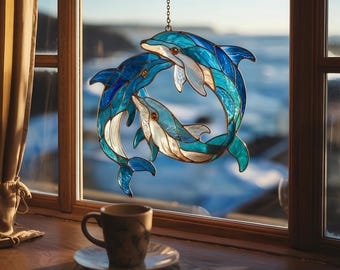 May include: Stained glass suncatcher featuring three dolphins in shades of blue and white, forming a circle. The suncatcher hangs in front of a window, with a cup and saucer on the windowsill.