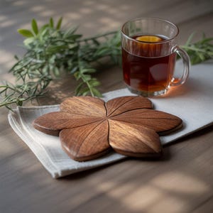 Puede incluir: Un posavasos de madera con forma de flor con una taza de té y una rodaja de limón. El posavasos es de madera marrón oscuro y se encuentra sobre una servilleta de lino blanca. Una taza de vidrio transparente contiene el té y vegetación en el fondo.