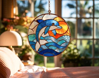 イルカのステンドグラスのサンキャッチャー：海のアート窓飾り - Etsy 日本