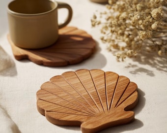 Organic Japandi Shell Shaped Wooden Coasters for Living Room Tea Table
