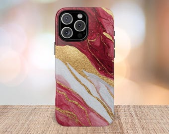Red and Gold Marble Phone Case - Luxury Tough Cover for iPhone 17 16 15 14 13 12 and Samsung S25 S24 S23 S22
