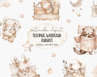 Sleeping Woodland Animals Clipart PNG | Cute Forest Animal Digital Download | Nursery Art, Scrapbooking & Craft Graphics
