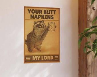 Funny Bathroom Wall Art, Raccoon with a Toilet Paper Roll, Your butt napkins My lord Bathroom Art, Vintage Animal Photo, Raccoon Humor Print
