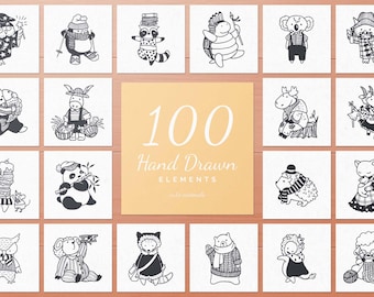 Hand Drawn Animal Elements Clipart PNG | Cute Brush Sketch Animals | Digital Download for Crafts & Printables