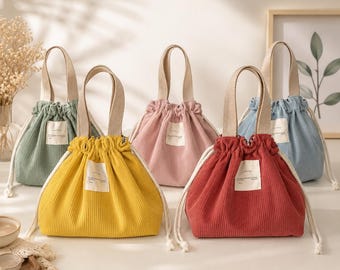 Cord Lunch Bag mit Kordelzug | Wiederverwendbare Canvas Lunch Tasche | Isolierte Style Food Bag | Niedliche Tasche fürs Picknick