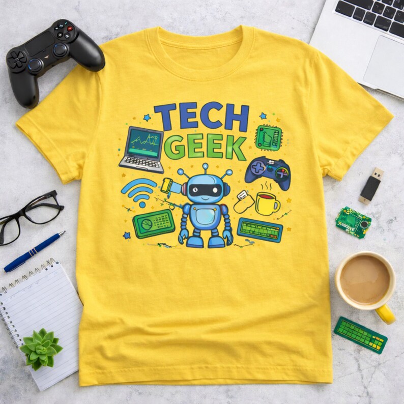 Peut inclure: T-shirt jaune avec l'inscription "TECH GEEK" en bleu et vert, orn&eacute; d'un robot de dessin anim&eacute; et de graphiques li&eacute;s &agrave; la technologie. Le design comprend un ordinateur portable, une manette de jeu et une tasse de caf&eacute;.
