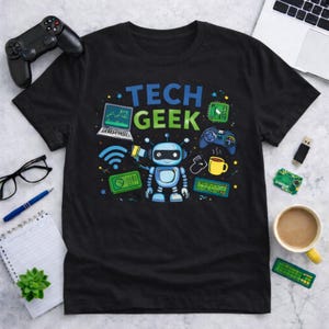 Peut inclure: T-shirt noir avec l'inscription "TECH GEEK" en bleu et vert, repr&eacute;sentant un robot et des graphiques li&eacute;s &agrave; la technologie. Le motif comprend un ordinateur portable, une manette de jeu et un symbole Wi-Fi. Une tasse de caf&eacute; et d'autres accessoires technologiques sont &eacute;galement visibles.