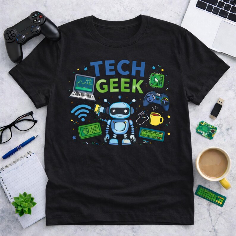 Peut inclure: T-shirt noir avec l'inscription "TECH GEEK" en bleu et vert, repr&eacute;sentant un robot et des graphiques li&eacute;s &agrave; la technologie. Le motif comprend un ordinateur portable, une manette de jeu et un symbole Wi-Fi. Une tasse de caf&eacute; et d'autres accessoires technologiques sont &eacute;galement visibles.