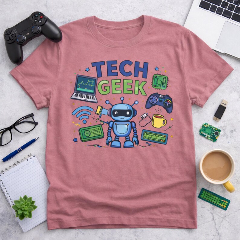Peut inclure: T-shirt rose poudr&eacute; avec l'inscription "TECH GEEK" et un dessin de robot de dessin anim&eacute;. Le motif comprend un ordinateur portable, une manette de jeu et d'autres graphiques li&eacute;s &agrave; la technologie. Une manette de jeu noire et un ordinateur portable sont visibles.