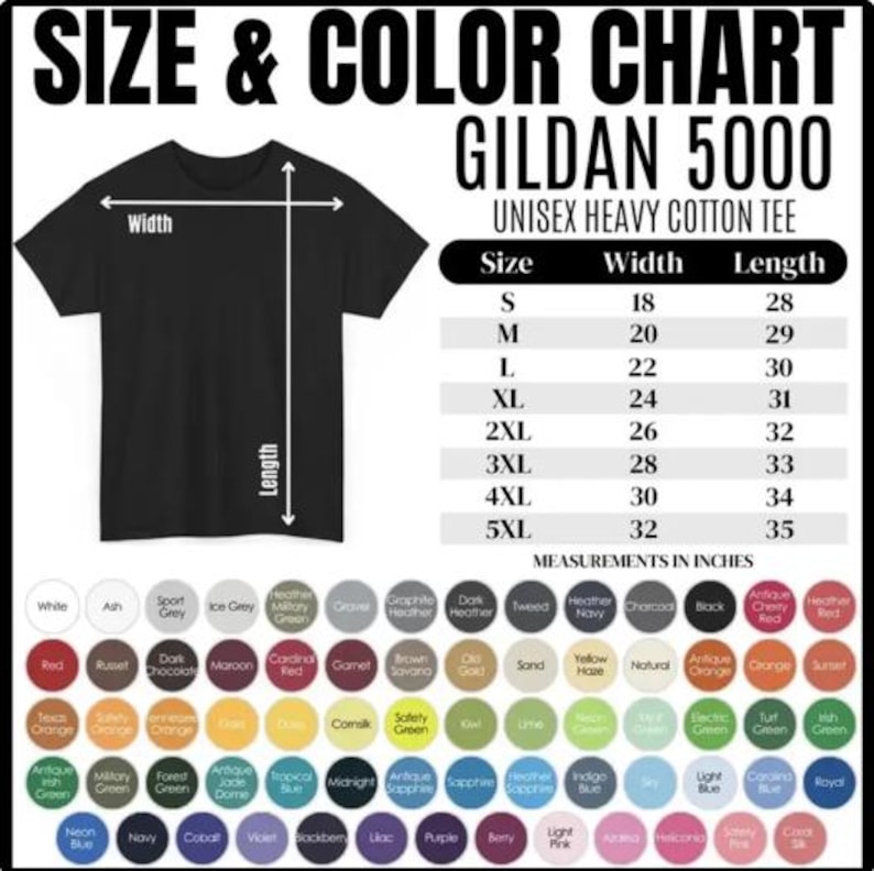 Peut inclure: Tableau des tailles et des couleurs pour un t-shirt unisexe Gildan 5000 en coton &eacute;pais noir. Comprend les mesures de taille, de largeur et de longueur en pouces. Pr&eacute;sente une palette de couleurs vari&eacute;es, dont le blanc, le rouge et le vert.