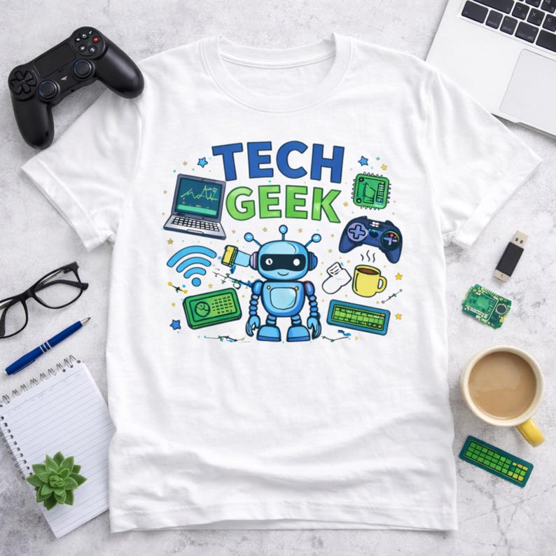 Peut inclure: T-shirt blanc avec un motif color&eacute; "TECH GEEK" repr&eacute;sentant un robot, un ordinateur portable, une manette de jeu et d'autres ic&ocirc;nes technologiques. Le design comprend des &eacute;l&eacute;ments bleus, verts, jaunes et blancs.