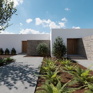 Puede incluir: Vista exterior de una casa moderna con fachada blanca, puertas de madera y detalles en piedra. Un camino de hormigón conduce a la entrada, flanqueado por exuberantes helechos verdes y pequeños arbustos. El cielo es azul con nubes dispersas.