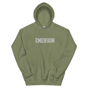 Emerson College Embroidered Hoodie Hooded Sweatshirt Crewneck, Vintage Sweater Stitching Varsity Embroidery