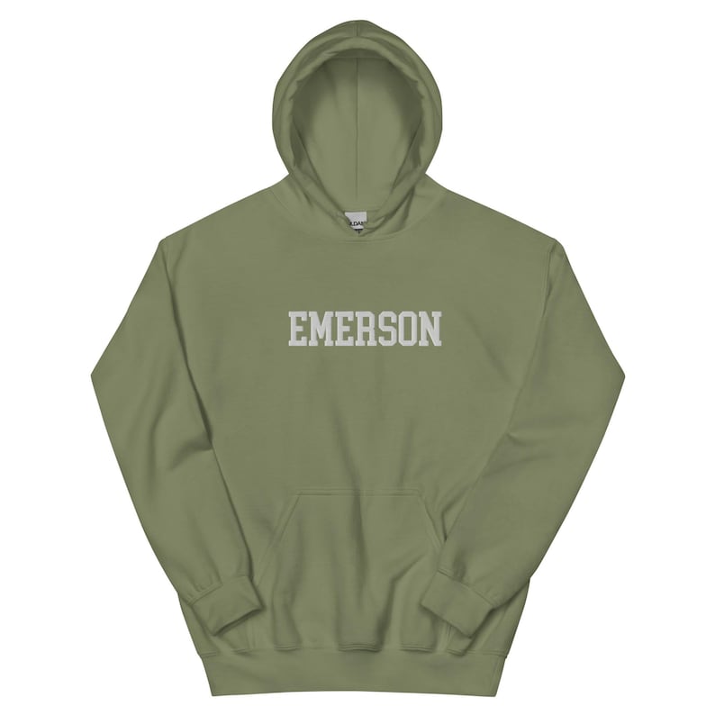 Emerson College Embroidered Hoodie Hooded Sweatshirt Crewneck, Vintage Sweater Stitching Varsity Embroidery