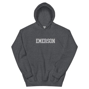 Emerson College Embroidered Hoodie Hooded Sweatshirt Crewneck, Vintage Sweater Stitching Varsity Embroidery