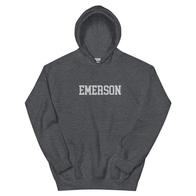 Emerson College Embroidered Hoodie Hooded Sweatshirt Crewneck, Vintage Sweater Stitching Varsity Embroidery