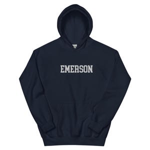 Emerson College Embroidered Hoodie Hooded Sweatshirt Crewneck, Vintage Sweater Stitching Varsity Embroidery