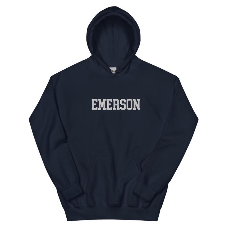 Emerson College Embroidered Hoodie Hooded Sweatshirt Crewneck, Vintage Sweater Stitching Varsity Embroidery