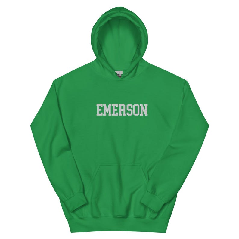 Emerson College Embroidered Hoodie Hooded Sweatshirt Crewneck, Vintage Sweater Stitching Varsity Embroidery