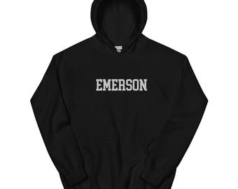 Emerson College Embroidered Hoodie Hooded Sweatshirt Crewneck, Vintage Sweater Stitching Varsity Embroidery