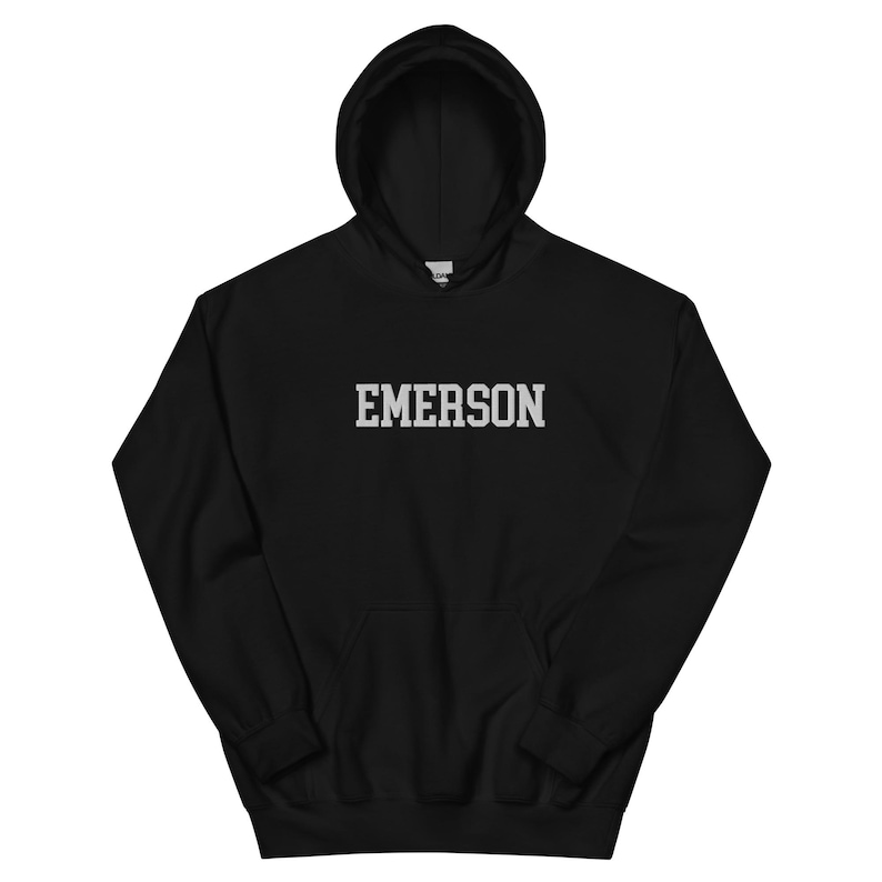 Emerson College Embroidered Hoodie Hooded Sweatshirt Crewneck, Vintage Sweater Stitching Varsity Embroidery