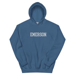 Emerson College Embroidered Hoodie Hooded Sweatshirt Crewneck, Vintage Sweater Stitching Varsity Embroidery
