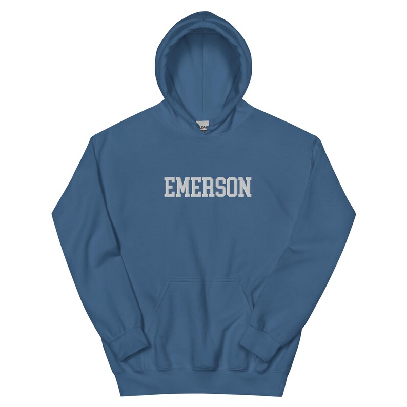 Emerson College Embroidered Hoodie Hooded Sweatshirt Crewneck, Vintage Sweater Stitching Varsity Embroidery