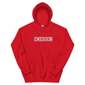 Emerson College Embroidered Hoodie Hooded Sweatshirt Crewneck, Vintage Sweater Stitching Varsity Embroidery