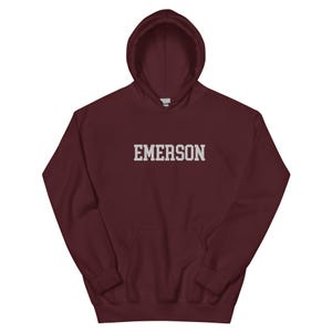 Emerson College Embroidered Hoodie Hooded Sweatshirt Crewneck, Vintage Sweater Stitching Varsity Embroidery
