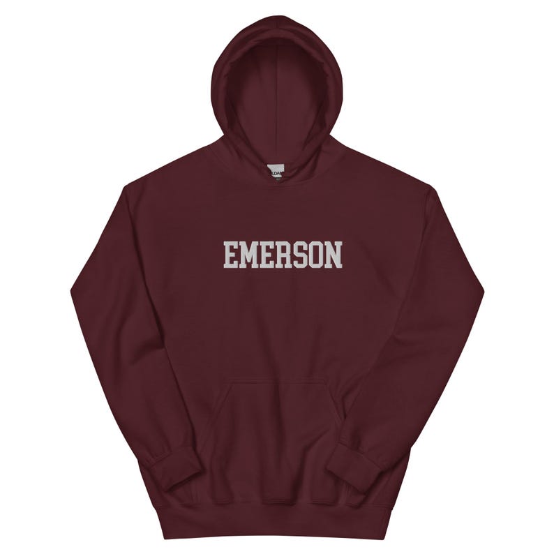 Emerson College Embroidered Hoodie Hooded Sweatshirt Crewneck, Vintage Sweater Stitching Varsity Embroidery