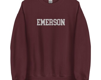 Sudadera bordada de cuello redondo de Emerson College, costura de suéter vintage con bordado universitario
