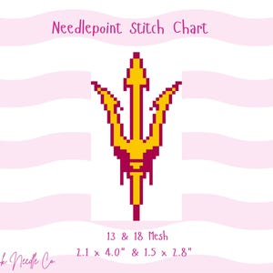 May include: A gold and maroon trident design in a pixelated style, set against a pink and white wavy backdrop. The text reads "Needlepoint Stitch Chart". The chart measures 5.3 x 10.2 cm and 3.8 x 7.1 cm. The Pink Needle Co.