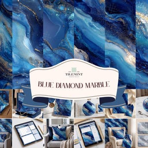 Op de afbeelding: Een digitale collectie van Blue Diamond Marble patronen met wervelende tinten diep marineblauw, koningsblauw en cyaan met gouden glitteraccenten. De weergave bevat diverse mockups van het ontwerp toegepast op kussens, vazen en briefpapier.