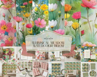 Aquarell Blumenmuster Bundle, Cottagecore Wiese, für Papier-, Stoff- und Wohndekor-Designs