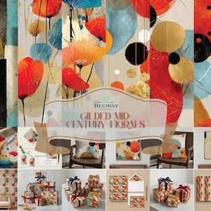 Pode incluir: Uma coleção de artigos de decoração e presentes com um design floral de meados do século. A imagem inclui impressões de arte floral abstrata, almofadas, papel de embrulho e caixas de presente. A paleta de cores inclui detalhes em laranja, vermelho, dourado e azul. O texto diz "TILEMINT GILDED MID-CENTURY FLORALS."