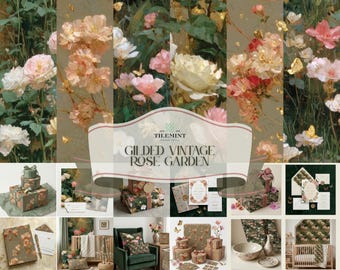 Vintage Rose Garden Pattern Bundle, Gold Chinoiserie Floral, für Papier- und Stoff-Designs
