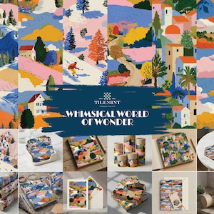 May include: A collection of products featuring a colorful landscape design with mountains, trees, and houses. The products include coasters, notebooks, wrapping paper, and greeting cards. The text "WHIMSICAL WORLD OF WONDER" is displayed on a dark blue banner.