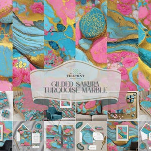 May include: A collage of products featuring a Gilded Sakura Turquoise Marble design. The design incorporates pink, turquoise, and gold colors. Products include stationery, bedding, and home decor items. The text "TILEMINT" and "GILDED SAKURA TURQUOISE MARBLE" are visible.