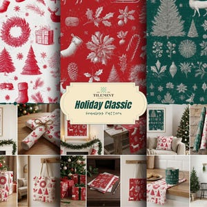 Diseño navideño clásico sin costuras, ideal para papel y telas navideñas (descarga digital).