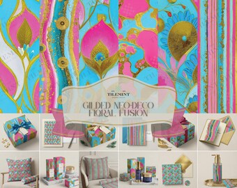 Rosa-Blau-Gold Florale nahtlose Muster für Branding Verpackung Jugendstil Papier
