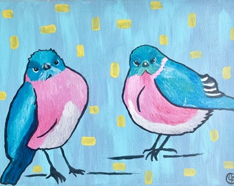 Blue and pink abstract birds, original painting