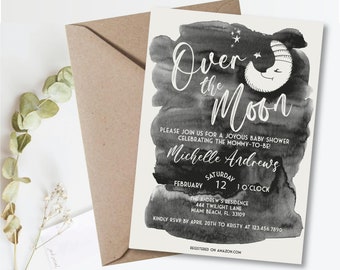 Over the Moon-babyshoweruitnodiging – zwart-wit (digitaal)