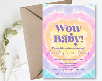 Uitnodiging babyshower tie-dye – aanpasbaar ontwerp (digitale download)