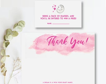 Pink Over the Moon-babyshower – bedankkaart en luierloterij (pdf)