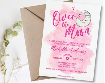 Roze babyshower met sterren boven de maan (digitaal)