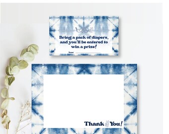 Blauwe tie-dye babyshower bedankkaart en loterij (digitale download)